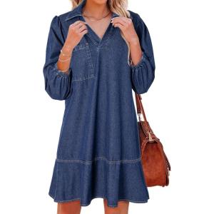 imageDokotoo Denim Dress for Women Fashion Fall Casual Babydoll 2025 V Neck 34 Puff Sleeve Jean DressesSail Blue