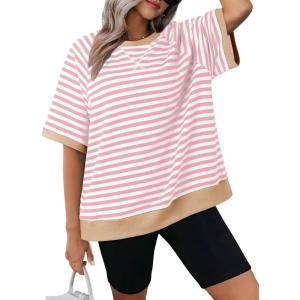 imageDokotoo Oversized T Shirts for Women Striped Color Block Crewneck Short Sleeve Casual Summer Tops Lightweight Loose BlousesApricot