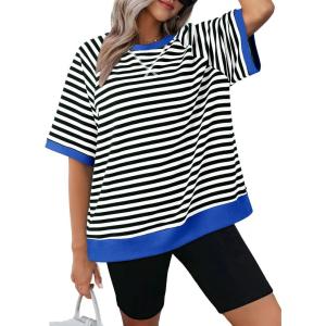 imageDokotoo Oversized T Shirts for Women Striped Color Block Crewneck Short Sleeve Casual Summer Tops Lightweight Loose BlousesBlack
