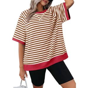 imageDokotoo Oversized T Shirts for Women Striped Color Block Crewneck Short Sleeve Casual Summer Tops Lightweight Loose BlousesBrown