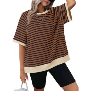 imageDokotoo Oversized T Shirts for Women Striped Color Block Crewneck Short Sleeve Casual Summer Tops Lightweight Loose BlousesDark Brown