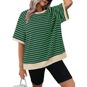 imageDokotoo Oversized T Shirts for Women Striped Color Block Crewneck Short Sleeve Casual Summer Tops Lightweight Loose BlousesDark Green