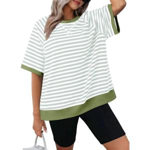 imageDokotoo Oversized T Shirts for Women Striped Color Block Crewneck Short Sleeve Casual Summer Tops Lightweight Loose BlousesGreen