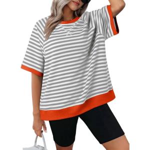imageDokotoo Oversized T Shirts for Women Striped Color Block Crewneck Short Sleeve Casual Summer Tops Lightweight Loose BlousesGrey