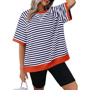 imageDokotoo Oversized T Shirts for Women Striped Color Block Crewneck Short Sleeve Casual Summer Tops Lightweight Loose BlousesOrange
