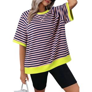 imageDokotoo Oversized T Shirts for Women Striped Color Block Crewneck Short Sleeve Casual Summer Tops Lightweight Loose BlousesPink