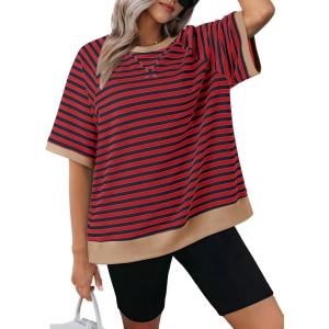 imageDokotoo Oversized T Shirts for Women Striped Color Block Crewneck Short Sleeve Casual Summer Tops Lightweight Loose BlousesRed