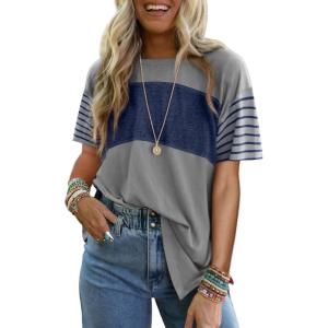 imageDokotoo Summer Tops Trendy Oversized 2025 Crewneck Casual Color Block Striped Womens Shirts BlousesA Sleet