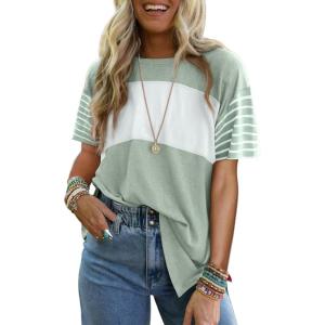 imageDokotoo Summer Tops Trendy Oversized 2025 Crewneck Casual Color Block Striped Womens Shirts BlousesA Smoke Green