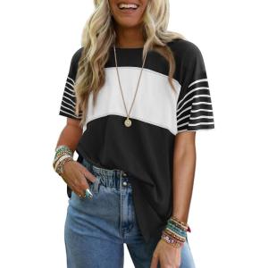 imageDokotoo Summer Tops Trendy Oversized 2025 Crewneck Casual Color Block Striped Womens Shirts BlousesBlack