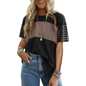 imageDokotoo Summer Tops Trendy Oversized 2025 Crewneck Casual Color Block Striped Womens Shirts BlousesColor Black
