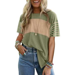 imageDokotoo Summer Tops Trendy Oversized 2025 Crewneck Casual Color Block Striped Womens Shirts BlousesFern Green