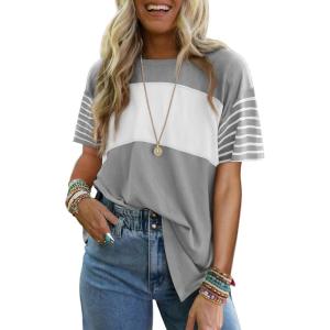 imageDokotoo Summer Tops Trendy Oversized 2025 Crewneck Casual Color Block Striped Womens Shirts BlousesGray