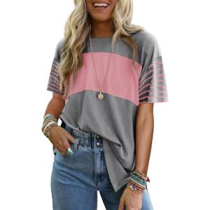 imageDokotoo Summer Tops Trendy Oversized 2025 Crewneck Casual Color Block Striped Womens Shirts BlousesMedium Grey
