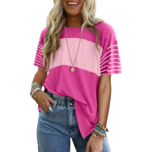 imageDokotoo Summer Tops Trendy Oversized 2025 Crewneck Casual Color Block Striped Womens Shirts BlousesRose Red