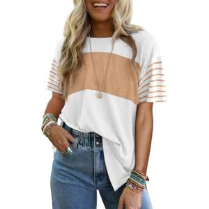 imageDokotoo Summer Tops Trendy Oversized 2025 Crewneck Casual Color Block Striped Womens Shirts BlousesWhite