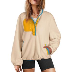imageDokotoo Sweatshirt for Women Oversized Fuzzy Fleece Jacket Color Block Button Long Sleeve Pullover Sherpa Sweatshirts TopsBeige