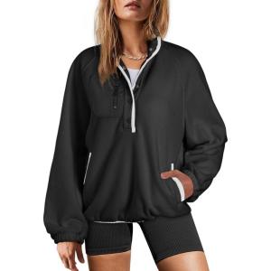 imageDokotoo Sweatshirt for Women Oversized Fuzzy Fleece Jacket Color Block Button Long Sleeve Pullover Sherpa Sweatshirts TopsBlack