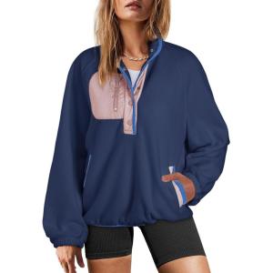 imageDokotoo Sweatshirt for Women Oversized Fuzzy Fleece Jacket Color Block Button Long Sleeve Pullover Sherpa Sweatshirts TopsBlue