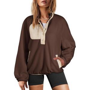 imageDokotoo Sweatshirt for Women Oversized Fuzzy Fleece Jacket Color Block Button Long Sleeve Pullover Sherpa Sweatshirts TopsBrown