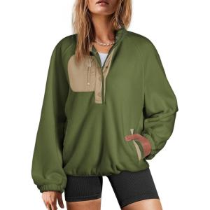 imageDokotoo Sweatshirt for Women Oversized Fuzzy Fleece Jacket Color Block Button Long Sleeve Pullover Sherpa Sweatshirts TopsGreen