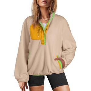 imageDokotoo Sweatshirt for Women Oversized Fuzzy Fleece Jacket Color Block Button Long Sleeve Pullover Sherpa Sweatshirts TopsKhaki