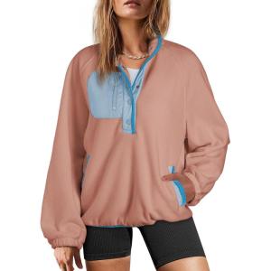 imageDokotoo Sweatshirt for Women Oversized Fuzzy Fleece Jacket Color Block Button Long Sleeve Pullover Sherpa Sweatshirts TopsPink