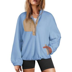 imageDokotoo Sweatshirt for Women Oversized Fuzzy Fleece Jacket Color Block Button Long Sleeve Pullover Sherpa Sweatshirts TopsSky Blue