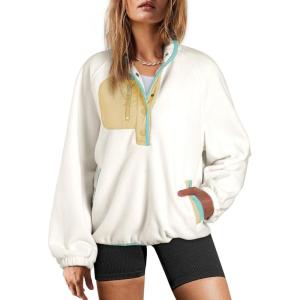 imageDokotoo Sweatshirt for Women Oversized Fuzzy Fleece Jacket Color Block Button Long Sleeve Pullover Sherpa Sweatshirts TopsWhite