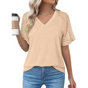 imageDokotoo Women Blouses Lace Tops for Women Trendy Summer Casual V Neck Short Sleeve ShirtsApricot