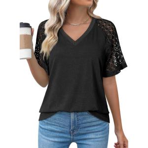 imageDokotoo Women Blouses Lace Tops for Women Trendy Summer Casual V Neck Short Sleeve ShirtsBlack