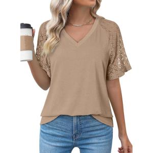 imageDokotoo Women Blouses Lace Tops for Women Trendy Summer Casual V Neck Short Sleeve ShirtsBrown