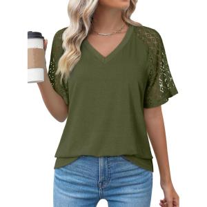 imageDokotoo Women Blouses Lace Tops for Women Trendy Summer Casual V Neck Short Sleeve ShirtsGuacamole Green