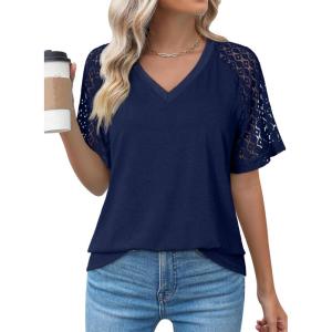 imageDokotoo Women Blouses Lace Tops for Women Trendy Summer Casual V Neck Short Sleeve ShirtsNavy Blue