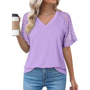 imageDokotoo Women Blouses Lace Tops for Women Trendy Summer Casual V Neck Short Sleeve ShirtsPurple