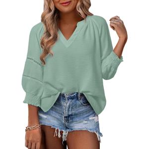 imageDokotoo Womens 34 Sleeve Tops Pleated Business Casual Outifits V Neck Blouses Office Loose ShirtsGreen