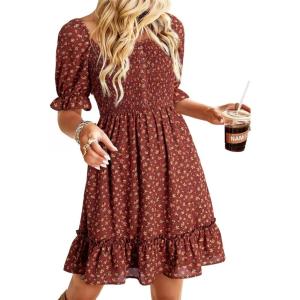 imageDokotoo Womens Casual Summer Dresses Short Sleeve Square Neck Smocked Boho Floral Sundress Flowy ALine Mini DressBrown