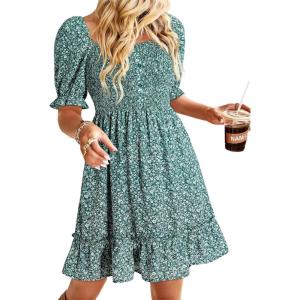 imageDokotoo Womens Casual Summer Dresses Short Sleeve Square Neck Smocked Boho Floral Sundress Flowy ALine Mini DressGreen