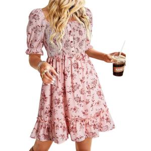 imageDokotoo Womens Casual Summer Dresses Short Sleeve Square Neck Smocked Boho Floral Sundress Flowy ALine Mini DressPink
