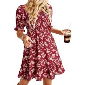 imageDokotoo Womens Casual Summer Dresses Short Sleeve Square Neck Smocked Boho Floral Sundress Flowy ALine Mini DressRed