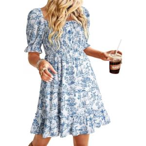 imageDokotoo Womens Casual Summer Dresses Short Sleeve Square Neck Smocked Boho Floral Sundress Flowy ALine Mini DressSky Blue