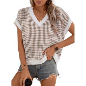 imageDokotoo Womens Casual Summer Tops V Neck Short Sleeve Plaid Knit Vest Loose Fit Pullover Sweaters BlousesApricot
