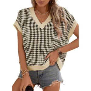 imageDokotoo Womens Casual Summer Tops V Neck Short Sleeve Plaid Knit Vest Loose Fit Pullover Sweaters BlousesBlack