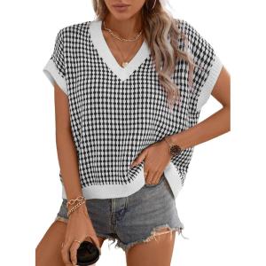 imageDokotoo Womens Casual Summer Tops V Neck Short Sleeve Plaid Knit Vest Loose Fit Pullover Sweaters BlousesBlack White