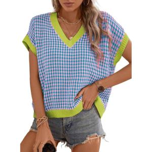 imageDokotoo Womens Casual Summer Tops V Neck Short Sleeve Plaid Knit Vest Loose Fit Pullover Sweaters BlousesBlue