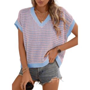 imageDokotoo Womens Casual Summer Tops V Neck Short Sleeve Plaid Knit Vest Loose Fit Pullover Sweaters BlousesPink