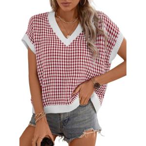 imageDokotoo Womens Casual Summer Tops V Neck Short Sleeve Plaid Knit Vest Loose Fit Pullover Sweaters BlousesRed