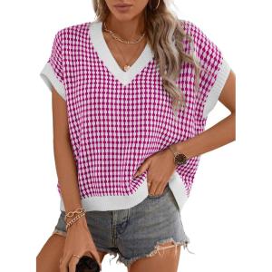 imageDokotoo Womens Casual Summer Tops V Neck Short Sleeve Plaid Knit Vest Loose Fit Pullover Sweaters BlousesRose Red