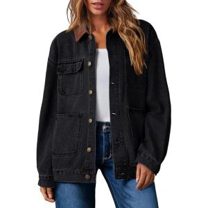 imageDokotoo Womens Denim Top Plus Size Denim Jacket for Women Contrast Collar Coat Button Up Tops Trucker JacketsBlack