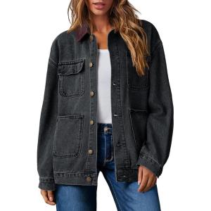 imageDokotoo Womens Denim Top Plus Size Denim Jacket for Women Contrast Collar Coat Button Up Tops Trucker JacketsDark Gray